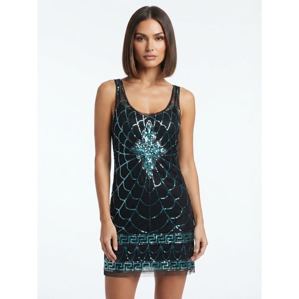 Chelsea & Violet Black Turquoise Sequin Mesh Racerback Tunic Top Size L NEW